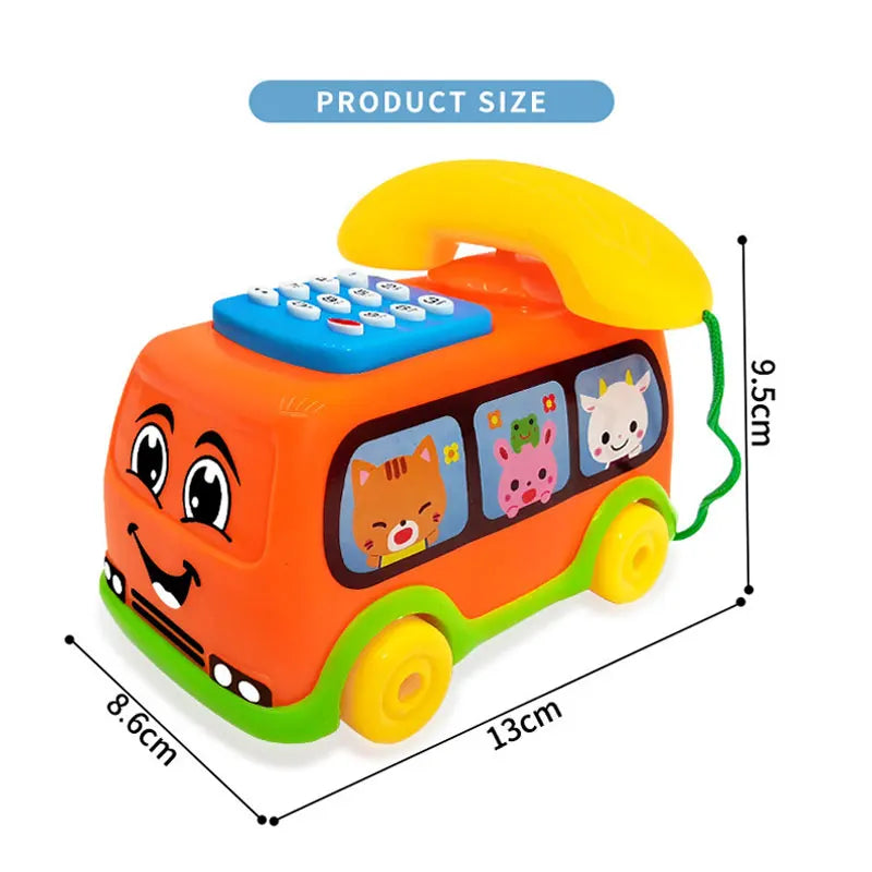 An orange and green toy bus car with a yellow phone and keyboard for toddlers.