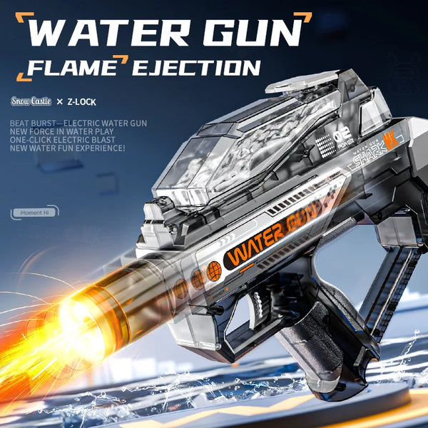 A close-up of a silver electric water gun with a bright yellow flame ejection effect firing.