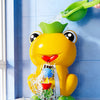A yellow frog bath toy is shown pouring water, demonstrating how it can turn the waterwheel when touched.