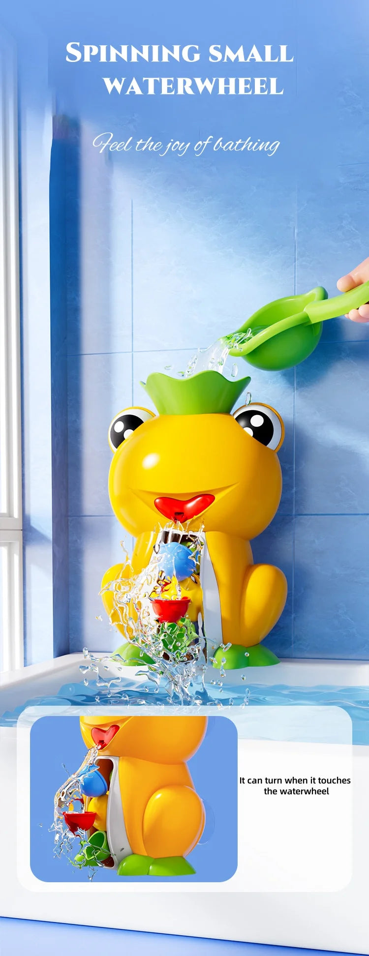 A yellow frog bath toy is shown pouring water, demonstrating how it can turn the waterwheel when touched.