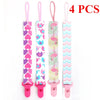 Set of four soft pacifier clips with double-sided prints featuring various colorful patterns for babies