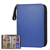 A blue PU leather card binder with a black zipper and a black strap, shown closed.