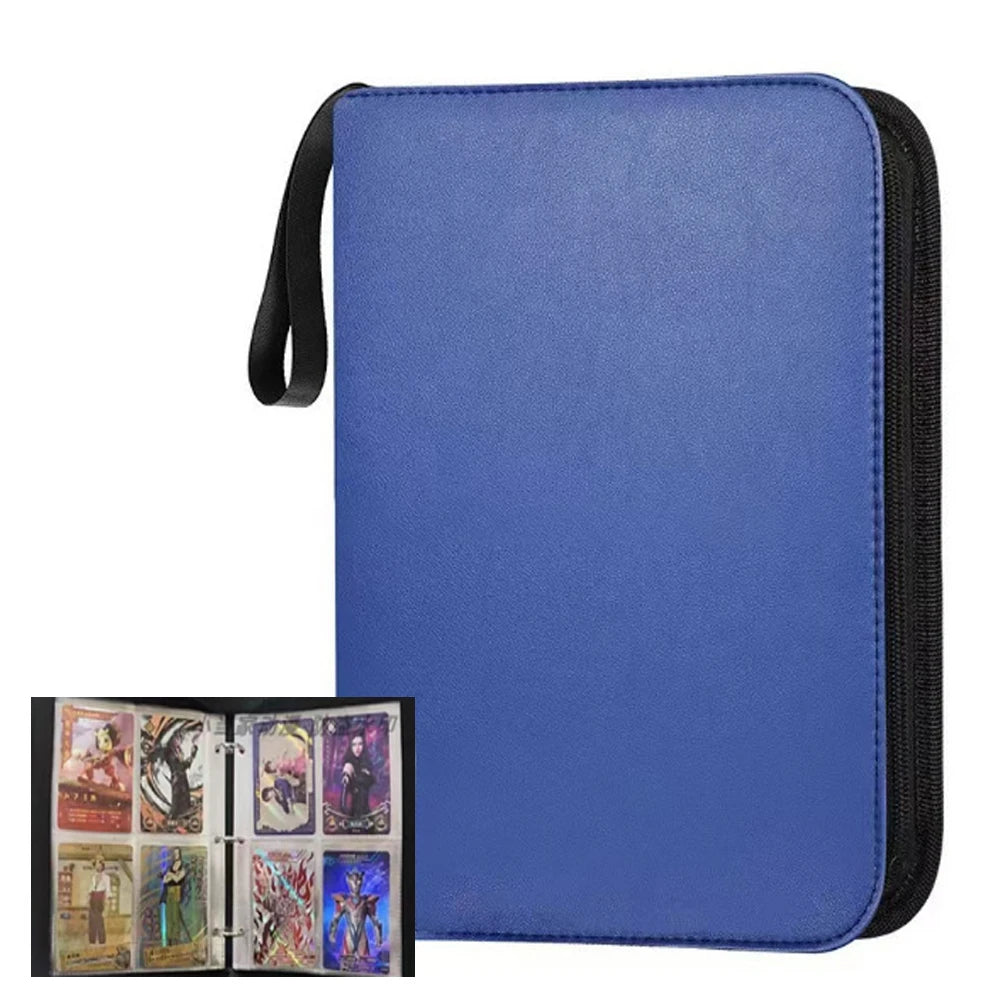 A blue PU leather card binder with a black zipper and a black strap, shown closed.