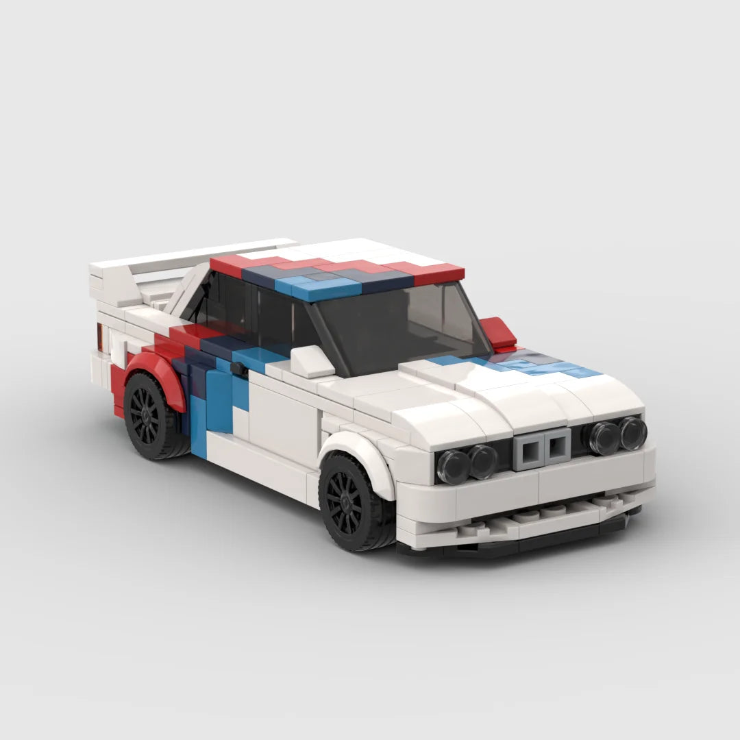A white and blue classic supercar model built from LEGO bricks.