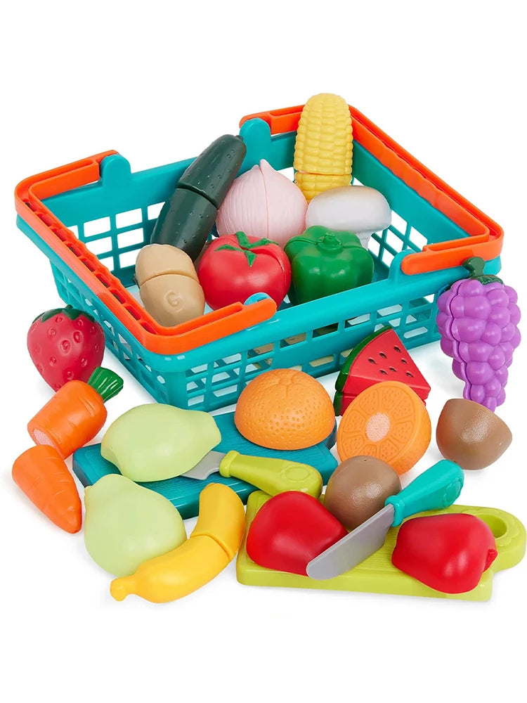 Pretend Play Food Cutting Set with Storage Basket for Kids
