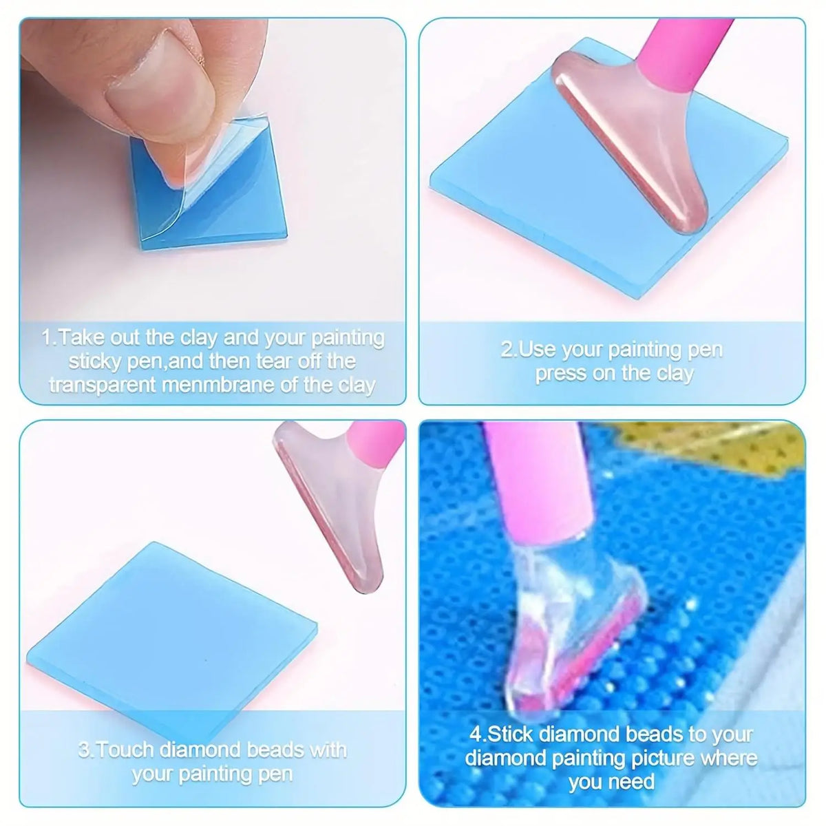 Instructions show how to use diamond painting clay and a painting pen to apply rhinestone details.