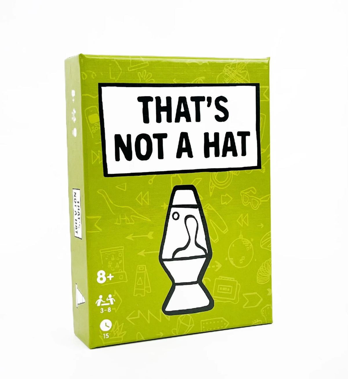 A green box for the That's Not a Hat bluffing and memory party game with a black and white design.