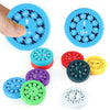 A collection of colorful math fidget spinners showing various numbers and operations on blue, red, green, yellow, and white d