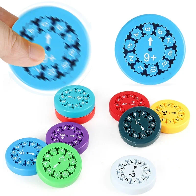 A collection of colorful math fidget spinners showing various numbers and operations on blue, red, green, yellow, and white d