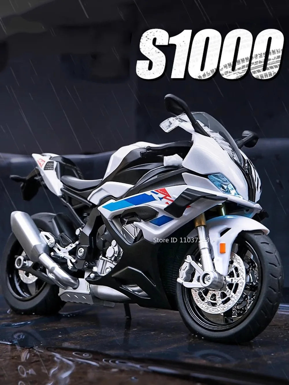 A white and blue 1:12 scale die-cast model motorcycle with front steering displayed against a dark background.