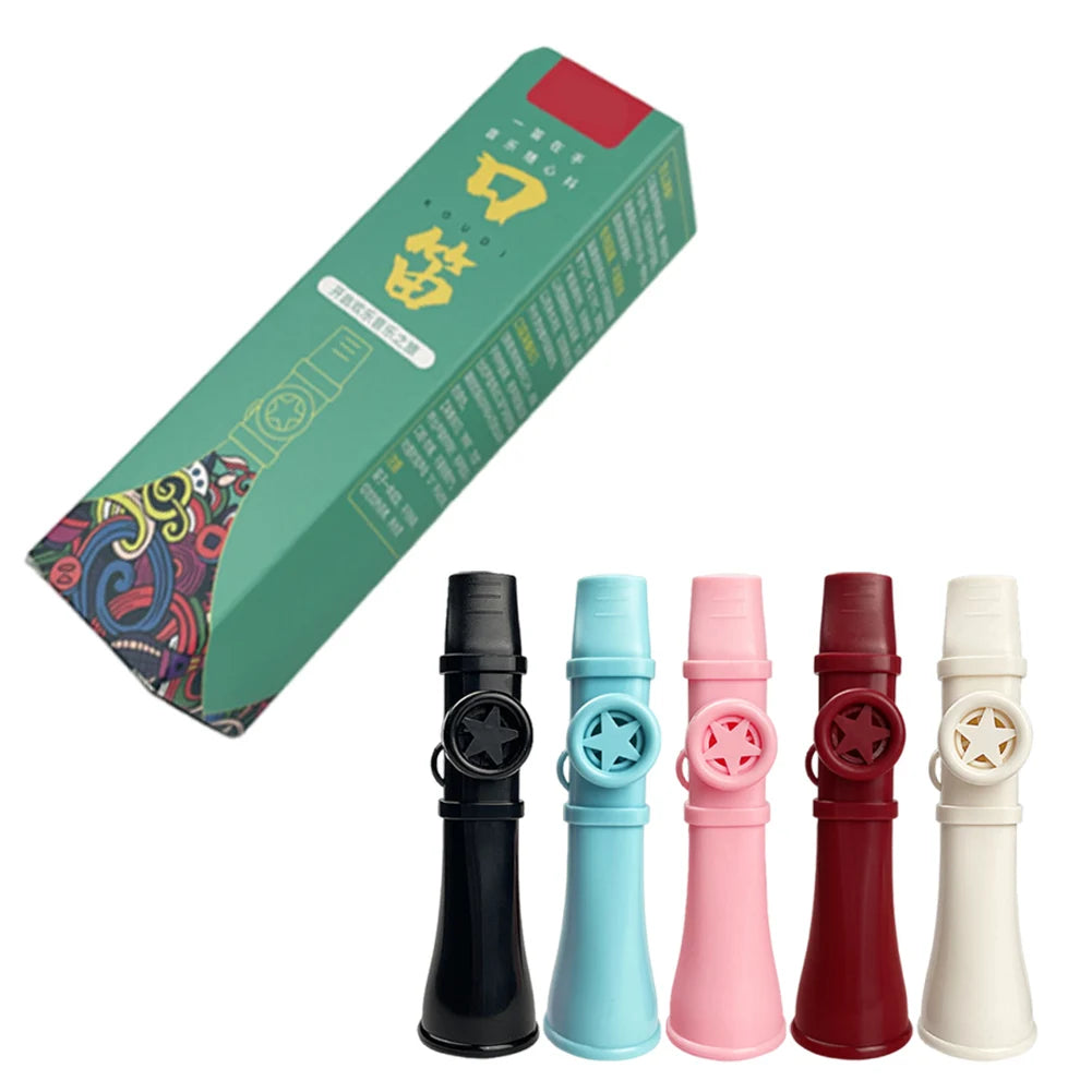 A set of five portable kazoo flutes in various colors, including black, light blue, pink, red, and white.