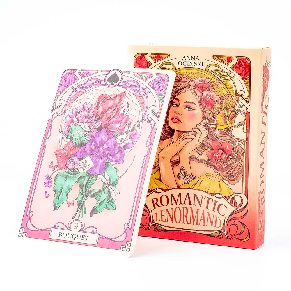 A box of Romantic Lenormand Tarot cards featuring a floral design and an illustration of a woman.
