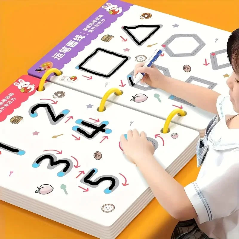 A child is drawing on a reusable magic drawing workbook with pens and an eraser.
