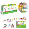 A green picture recognition word builder game set with cards and a wooden timer.