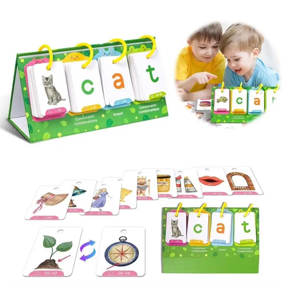 A green picture recognition word builder game set with cards and a wooden timer.