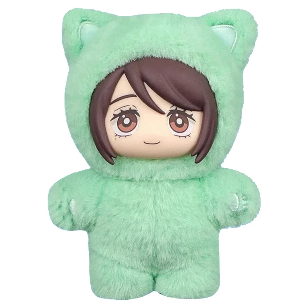 A soft green cat ear plushie with a hood and brown hair, designed as a blind box collectible.