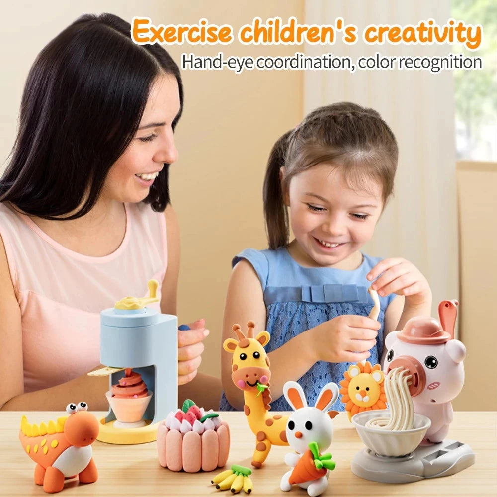 A woman and a girl are using a colorful hand-eye coordination clay set for children's creativity and color recognition.