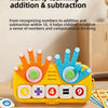 A yellow finger counting blocks set showing addition and subtraction problems for early math learning.