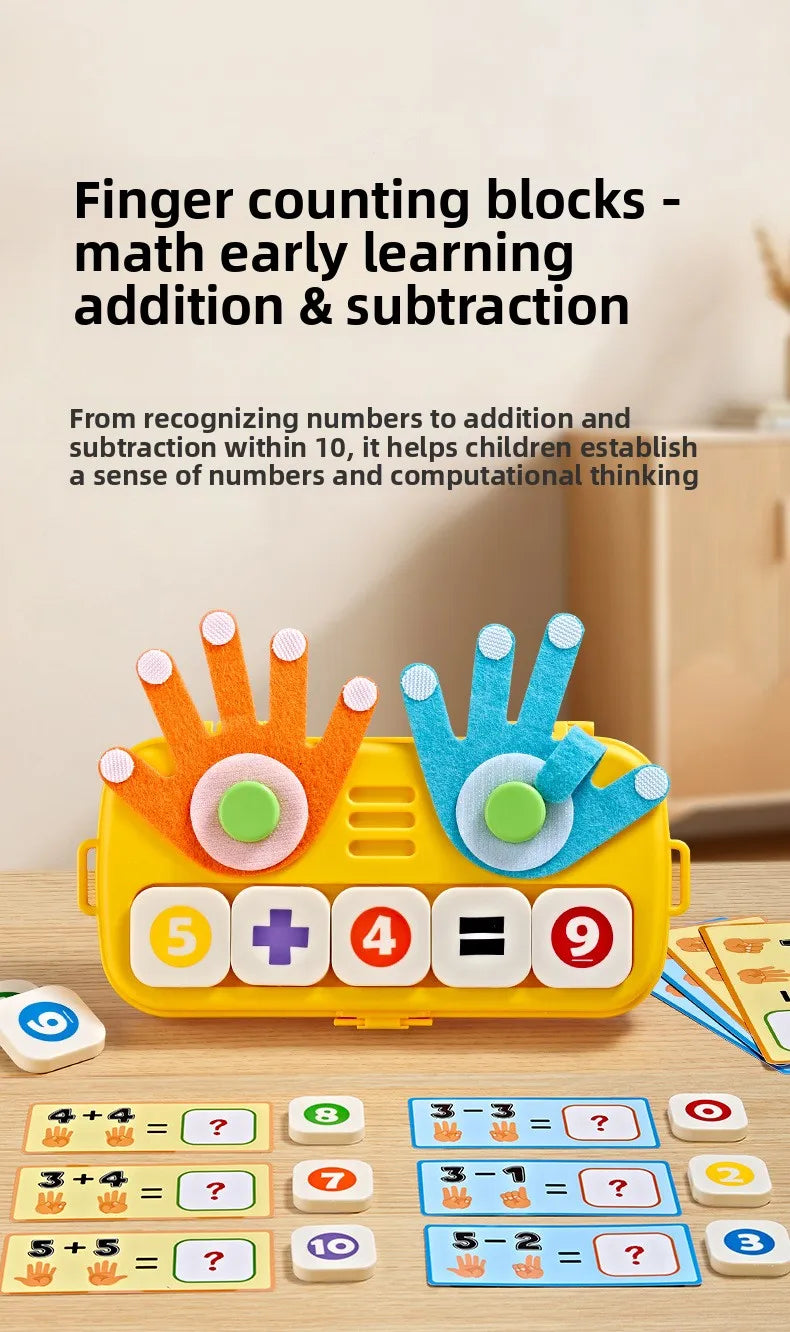 A yellow finger counting blocks set showing addition and subtraction problems for early math learning.