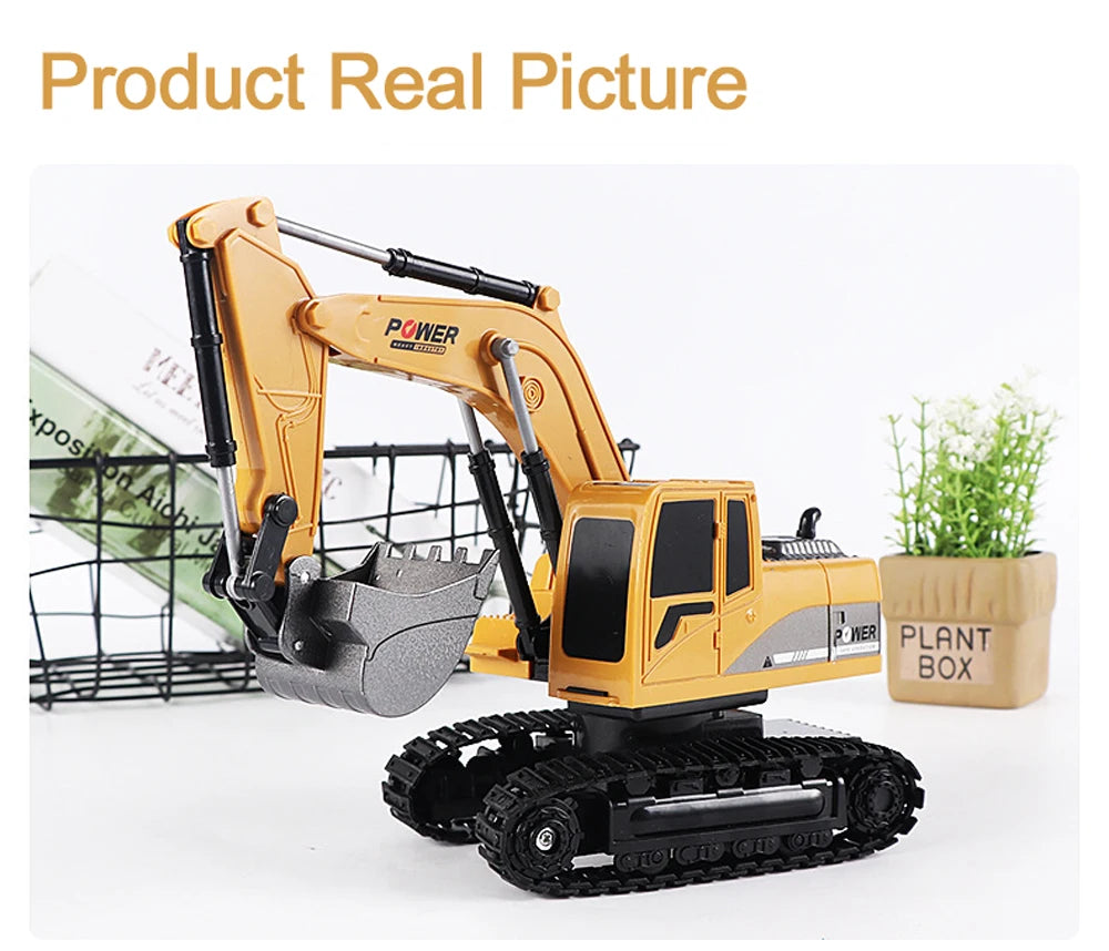 A yellow 1:24 scale remote control excavator with a bucket and tracks is shown on a white background.