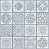 A collection of sixteen reusable mandala art stencils featuring intricate floral and geometric patterns in light blue on a wh