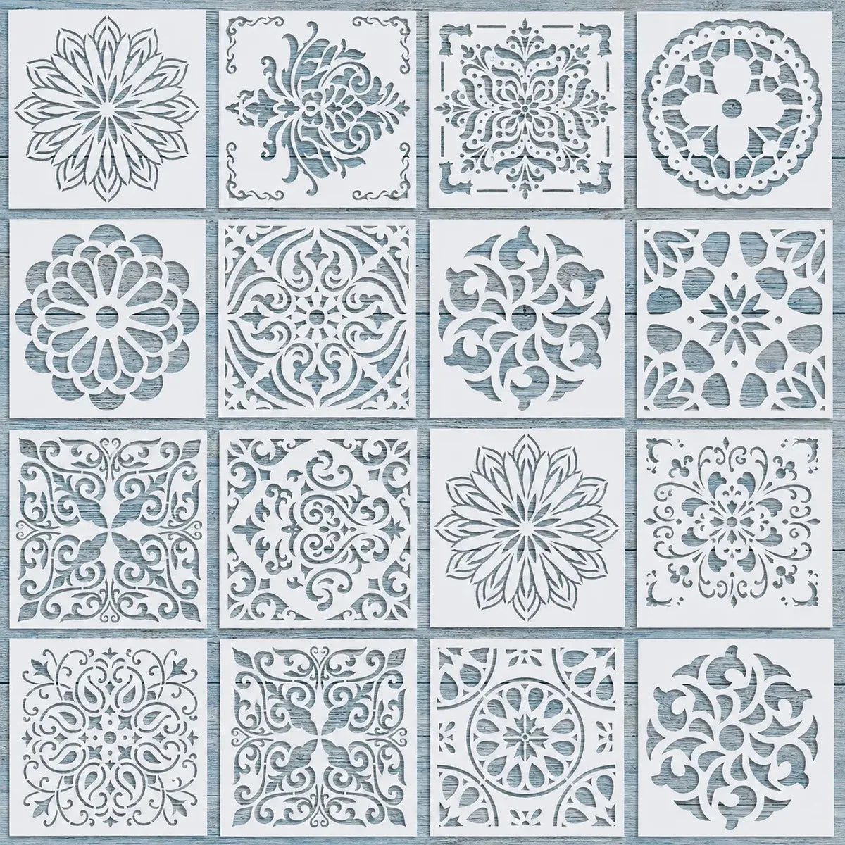 A collection of sixteen reusable mandala art stencils featuring intricate floral and geometric patterns in light blue on a wh