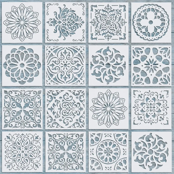 16 genanvendelige mandala-skabeloner med indviklede blomster- og geometriske mønstre i lyseblå på hvid.