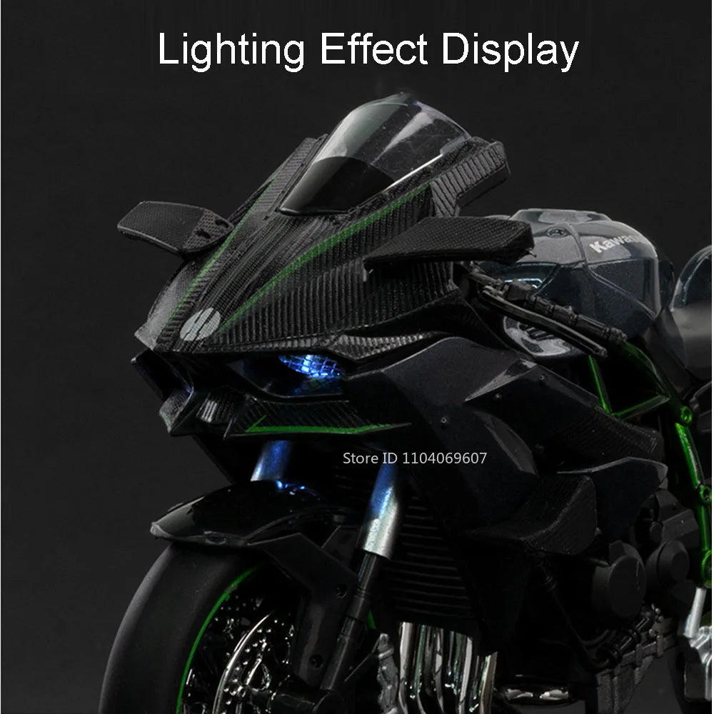 A close-up display of a black sport motorcycle model featuring a lightning effect design and green accents.