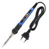 A black soldering iron with a blue handle, digital display, and adjustable temperature, connected by a black cord.