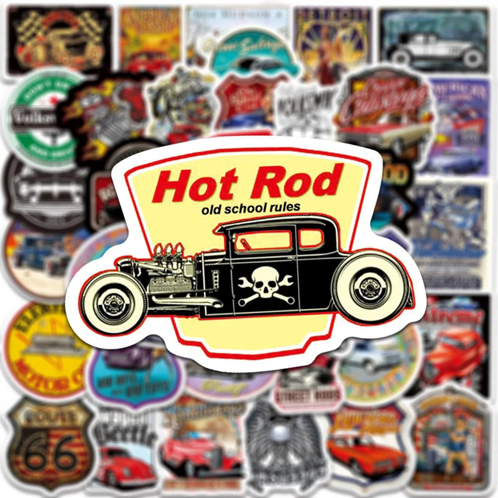 Vintage Hot Rod Car Sticker Pack – Retro Decals for Laptops, Luggage & Skateboards