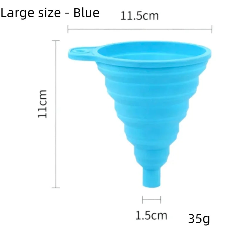 A large blue silicone funnel with a spout, measuring 11.5cm in length and 11cm in height.