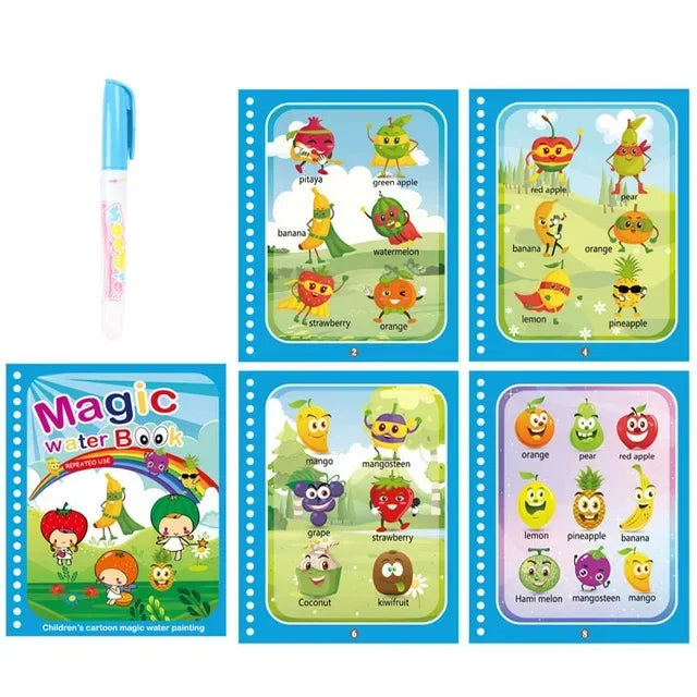 A colorful magic water coloring book for toddlers featuring various fruits and vegetables.