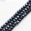 A close-up of a strand of dark blue and purple faceted crystal glass beads used for jewelry making.