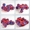 A red and blue stunt car remote control toy with lights and spray effect shown from multiple angles.