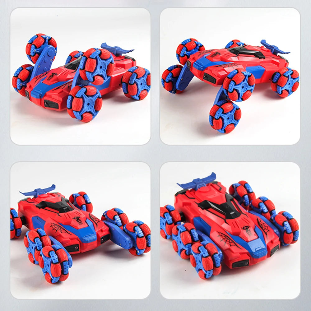 A red and blue stunt car remote control toy with lights and spray effect shown from multiple angles.