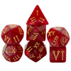 A set of seven red polyhedral dice featuring Roman numerals for tabletop role-playing games