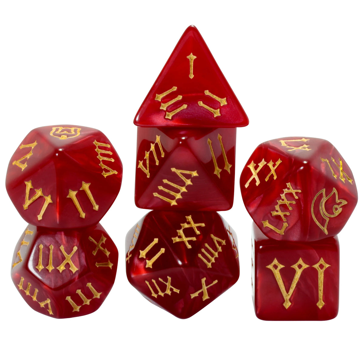 A set of seven red polyhedral dice featuring Roman numerals for tabletop role-playing games