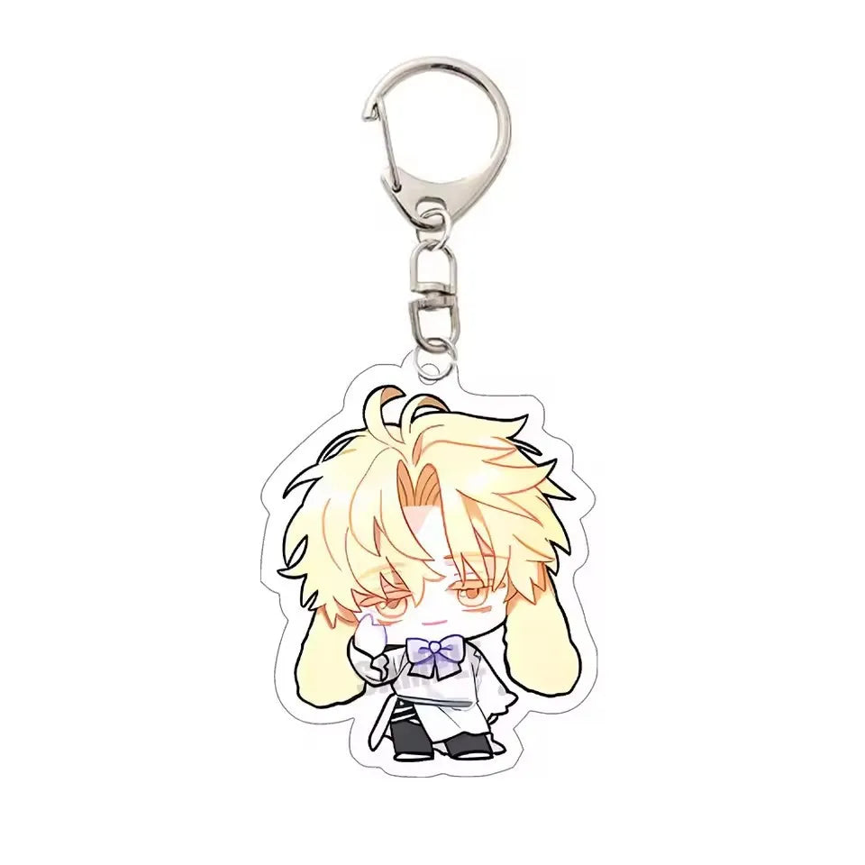 Acrylic keychain featuring an anime character with blonde hair and a bow tie.