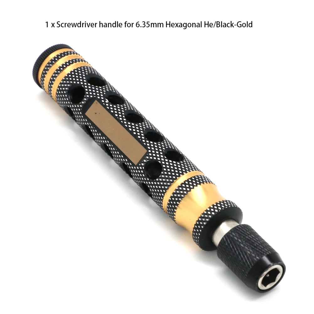 A single black and gold screwdriver handle for a 6.35mm hexagonal driver.
