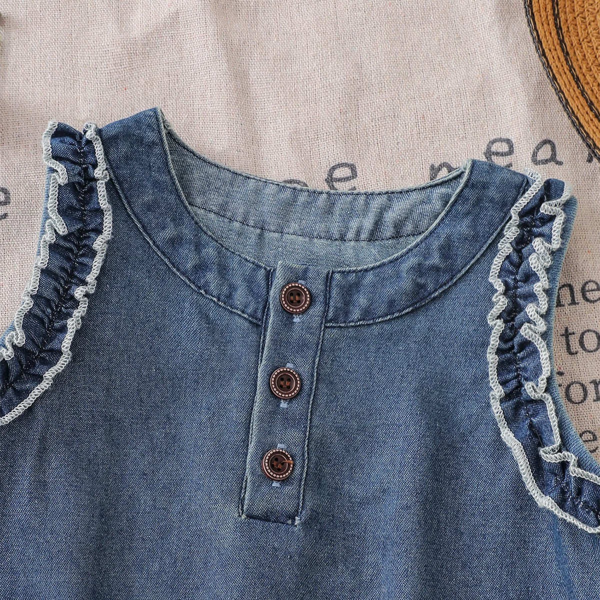 A denim sleeveless dress for a toddler girl featuring lace trim on the neckline and armholes.