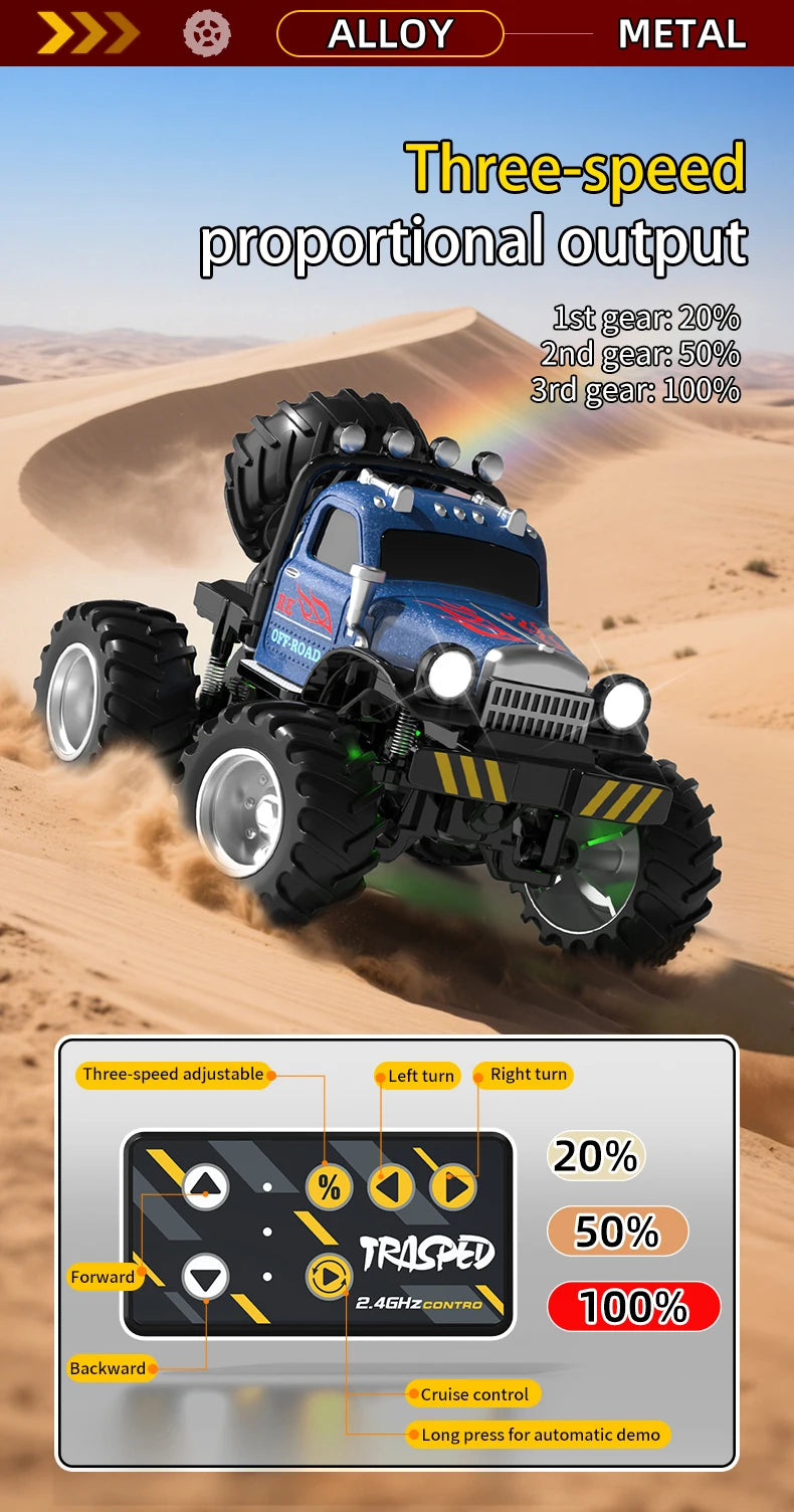 A blue and black three-speed proportional output RC off-road truck driving through sand, demonstrating forward, backward, and