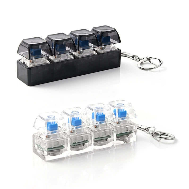 A black plastic key fob with multiple illuminated blue keyboard keys attached to a metal keyring.