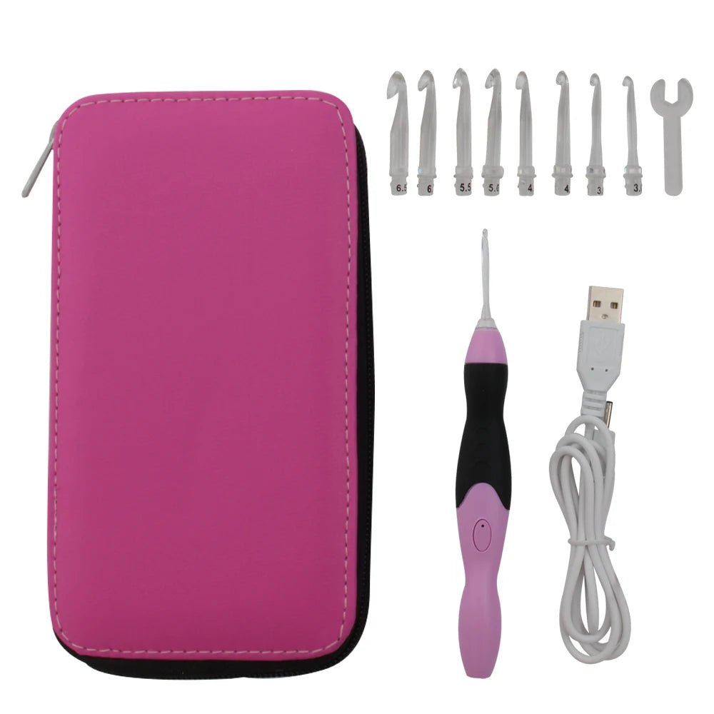 A pink zippered pouch containing an LED crochet hook set with nine interchangeable tips and a charging cable.