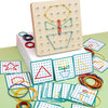 A wooden geometric shape peg board with pattern cards and colored string shapes on a green surface.