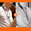 Comparison of a soft cowhide saxophone neck strap with padded comfort on a shirt versus a similar strap on a sweatshirt.