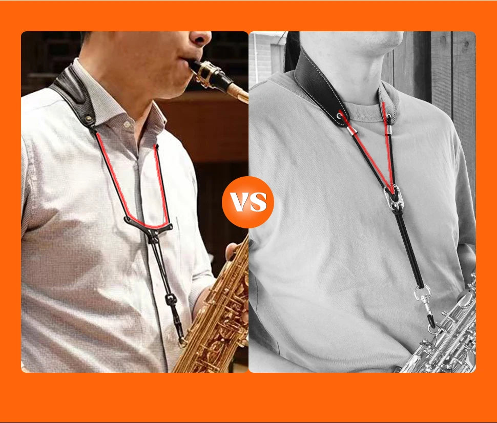 Comparison of a soft cowhide saxophone neck strap with padded comfort on a shirt versus a similar strap on a sweatshirt.