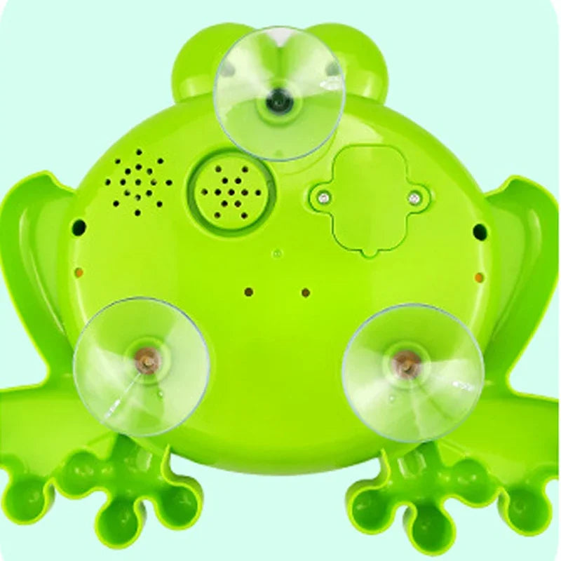 A bright lime green musical bubble machine bath toy for kids with multiple nozzles and bubble emitters.
