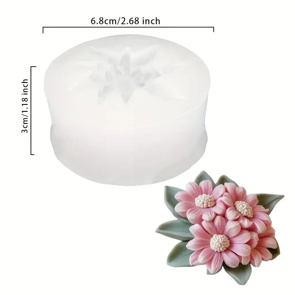 A white silicone mold with a floral design is shown next to a pink flower made of fabric or paper.