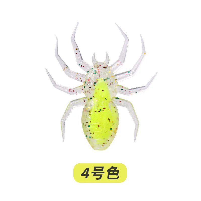 A bright yellow, laser-reflective flexible fishing lure shaped like a spider with glitter accents.