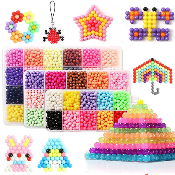 A colorful magic water bead kit showing various colors and shapes of beads, including a star, and stacked bead layers.